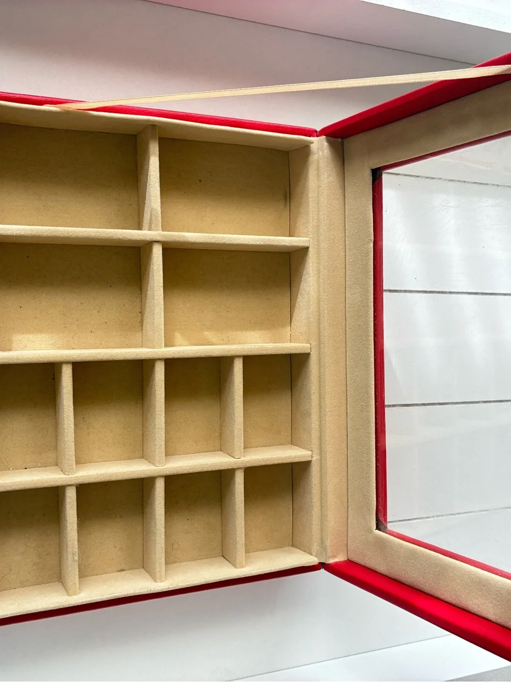 Prestige Red Jewelry Box with Glass Lid - 12 Compartment Display Cas